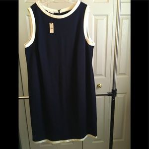 Talbots sleeveless navy sheath dress with white trim